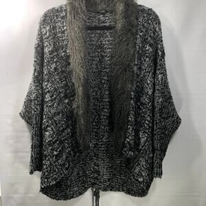 XOXO Women's Cardigan Faux Fur Collar Braid Detail Back Hi Low Blk White Sz XL